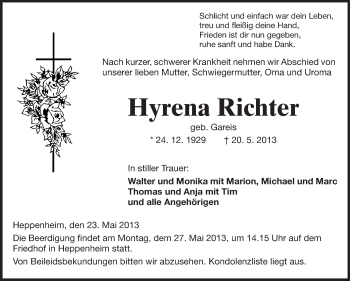 Traueranzeige von Hyrena Richter von Starkenburger Echo