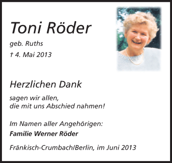 Traueranzeige von Toni Röder von Echo-Zeitungen (Gesamtausgabe)