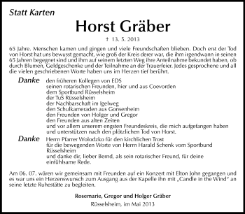 Traueranzeige von Horst Gräber von Rüsselsheimer Echo, Groß-Gerauer-Echo, Ried Echo