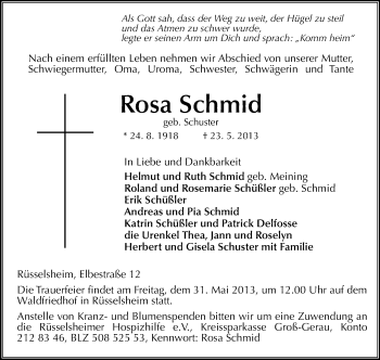 Traueranzeige von Rosa Schmid von Rüsselsheimer Echo, Groß-Gerauer-Echo, Ried Echo