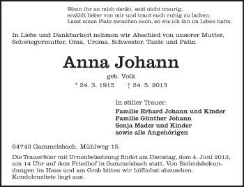 Traueranzeige von Anna Johann von Odenwälder Echo