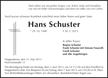 Traueranzeige von Hans Schuster von Starkenburger Echo