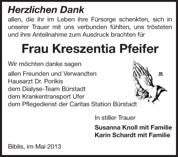 Traueranzeige von Kreszentia Pfeifer von Starkenburger Echo