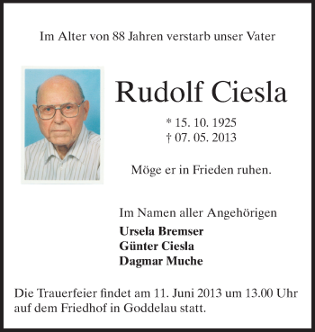 Traueranzeige von Rudolf Ciesla von Rüsselsheimer Echo, Groß-Gerauer-Echo, Ried Echo