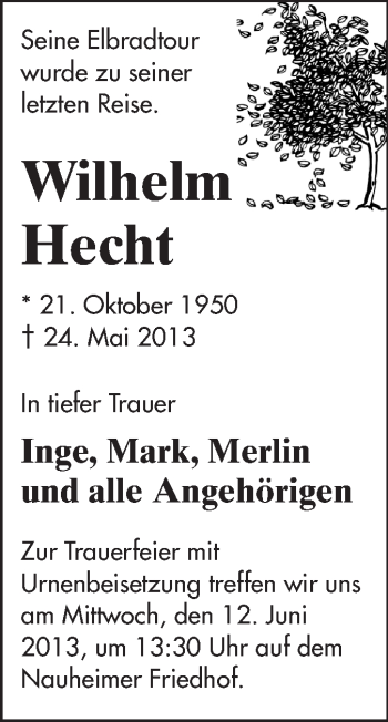 Traueranzeige von Wilhelm Hecht von Echo-Zeitungen (Gesamtausgabe)