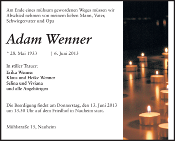 Traueranzeige von Adam Wenner von Rüsselsheimer Echo, Groß-Gerauer-Echo, Ried Echo