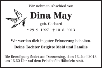 Traueranzeige von Dina May von Echo-Zeitungen (Gesamtausgabe)