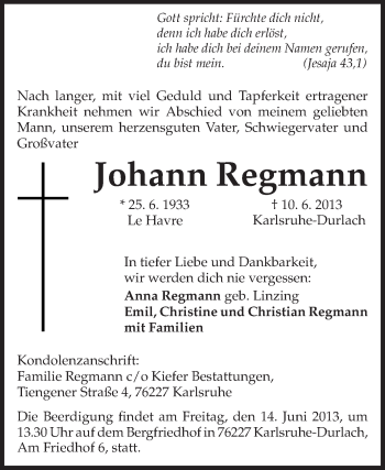 Traueranzeige von Johann Regmann von Echo-Zeitungen (Gesamtausgabe)