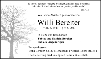 Traueranzeige von Willi Bereiter von Odenwälder Echo