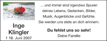 Traueranzeige von Inge Klingler von Echo-Zeitungen (Gesamtausgabe)