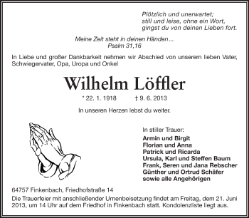 Traueranzeige von Wilhelm Löffler von Odenwälder Echo