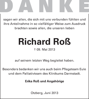 Traueranzeige von Richard Roß von Echo-Zeitungen (Gesamtausgabe)