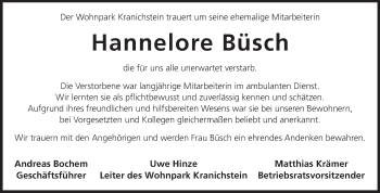 Traueranzeige von Hannelore Büsch von Echo-Zeitungen (Gesamtausgabe)