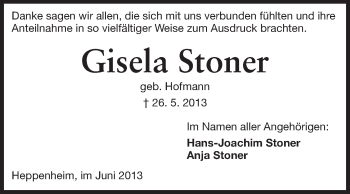 Traueranzeige von Gisela Stoner von Starkenburger Echo