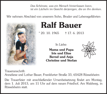 Traueranzeige von Ralf Bauer von Rüsselsheimer Echo, Groß-Gerauer-Echo, Ried Echo