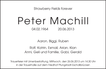 Traueranzeige von Peter Machill von Echo-Zeitungen (Gesamtausgabe)
