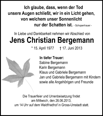 Traueranzeige von Jens Christian Bergemann von Echo-Zeitungen (Gesamtausgabe)