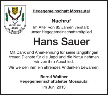 Traueranzeige von Hans Sauer von Odenwälder Echo