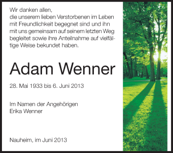 Traueranzeige von Adam Wenner von Rüsselsheimer Echo, Groß-Gerauer-Echo, Ried Echo
