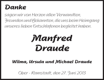 Traueranzeige von Manfred Draude von Echo-Zeitungen (Gesamtausgabe)