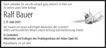 Traueranzeige von Ralf Bauer von Rüsselsheimer Echo, Groß-Gerauer-Echo, Ried Echo