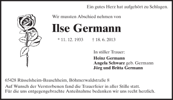 Traueranzeige von Ilse Germann von Rüsselsheimer Echo, Groß-Gerauer-Echo, Ried Echo