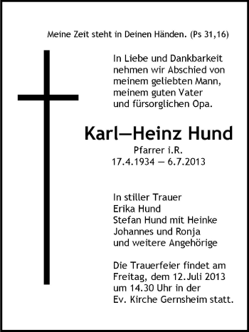 Traueranzeige von Karl-Heinz Hund von Echo-Zeitungen (Gesamtausgabe)