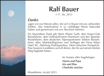 Traueranzeige von Ralf Bauer von Rüsselsheimer Echo, Groß-Gerauer-Echo, Ried Echo