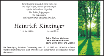 Traueranzeige von Heinrich Kinzinger von Rüsselsheimer Echo, Groß-Gerauer-Echo, Ried Echo