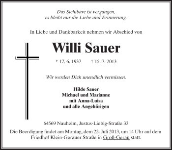 Traueranzeige von Willi Sauer von Rüsselsheimer Echo, Groß-Gerauer-Echo, Ried Echo