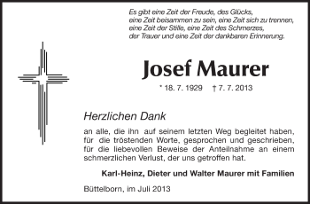 Traueranzeige von Josef Maurer von Rüsselsheimer Echo, Groß-Gerauer-Echo, Ried Echo