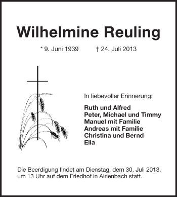 Traueranzeige von Wilhelmine Reuling von Odenwälder Echo