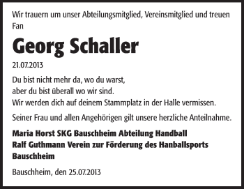 Traueranzeige von Georg Schaller von Rüsselsheimer Echo, Groß-Gerauer-Echo, Ried Echo