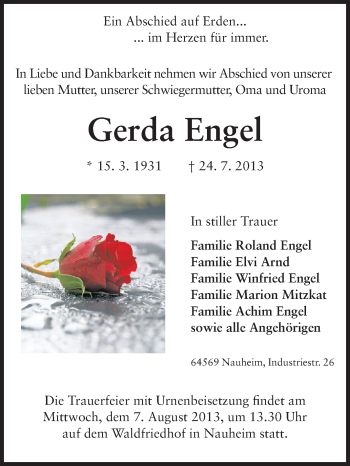 Traueranzeige von Gerda Engel von Rüsselsheimer Echo, Groß-Gerauer-Echo, Ried Echo