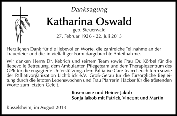 Traueranzeige von Katharina Oswald von Rüsselsheimer Echo, Groß-Gerauer-Echo, Ried Echo