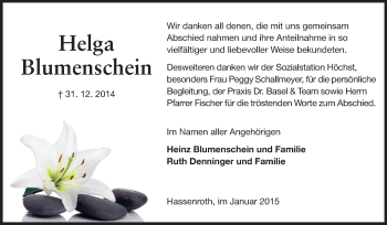 Traueranzeige von Helga Blumenschein von Odenwälder Echo