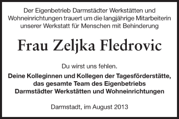 Traueranzeige von Zeljka Fledrovic von Echo-Zeitungen (Gesamtausgabe)