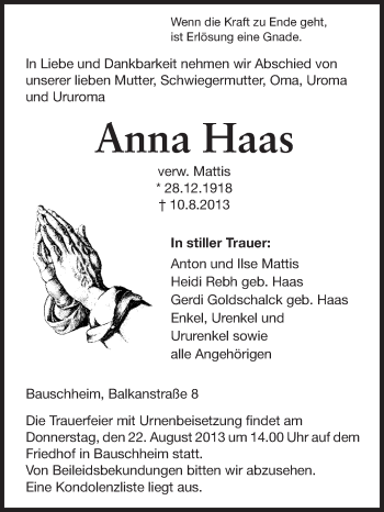Traueranzeige von Anna Haas von Rüsselsheimer Echo, Groß-Gerauer-Echo, Ried Echo