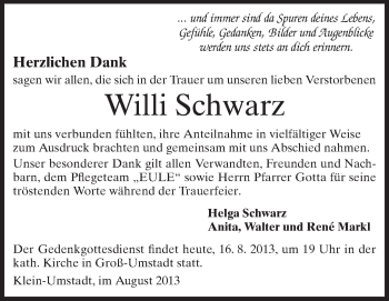 Traueranzeige von Willi Schwarz von Echo-Zeitungen (Gesamtausgabe)