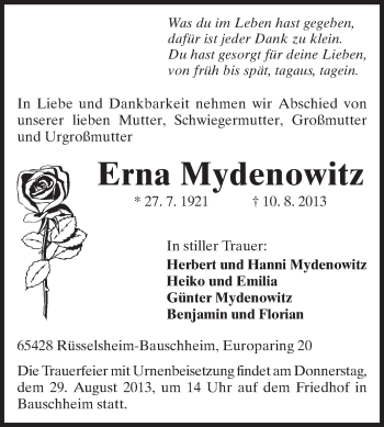 Traueranzeige von Erna Mydenowitz von Rüsselsheimer Echo, Groß-Gerauer-Echo, Ried Echo