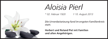 Traueranzeige von Aloisia Pierl von Rüsselsheimer Echo, Groß-Gerauer-Echo, Ried Echo