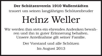 Traueranzeige von Heinz Weller von Rüsselsheimer Echo, Groß-Gerauer-Echo, Ried Echo