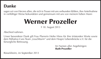 Traueranzeige von Werner Prozeller von Rüsselsheimer Echo, Groß-Gerauer-Echo, Ried Echo