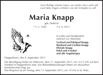 Traueranzeige von Maria Knapp von Starkenburger Echo