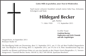 Traueranzeige von Hildegard Becker von Starkenburger Echo