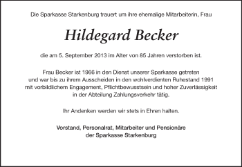 Traueranzeige von Hildegard Becker von Starkenburger Echo