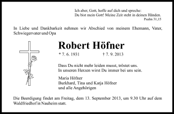 Traueranzeige von Robert Höfner von Rüsselsheimer Echo, Groß-Gerauer-Echo, Ried Echo