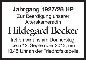 Traueranzeige von Hildegard Becker von Starkenburger Echo