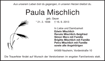 Traueranzeige von Paula Mischlich von Rüsselsheimer Echo, Groß-Gerauer-Echo, Ried Echo