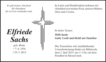Traueranzeige von Elfriede Sachs von Echo-Zeitungen (Gesamtausgabe)